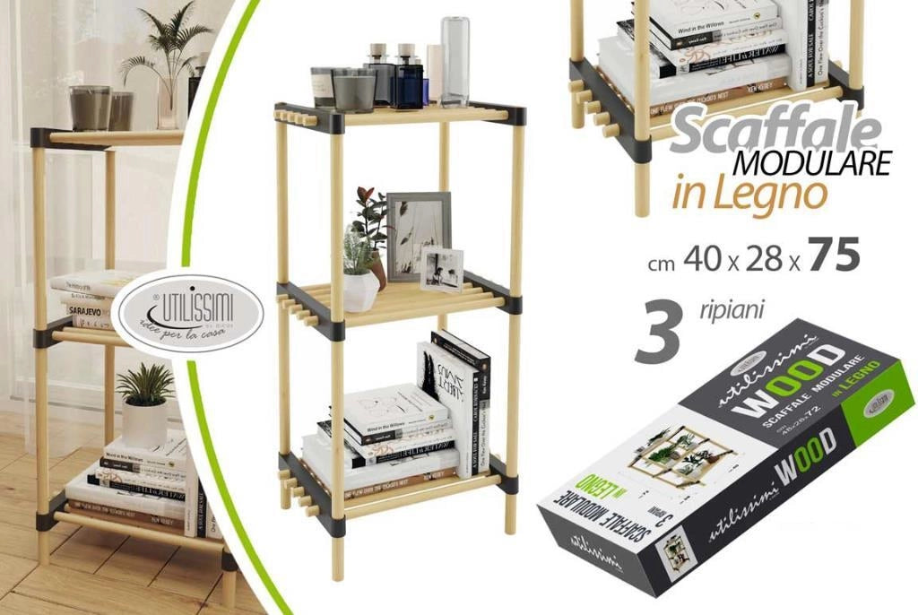 Scaffale in Legno Modulare con 3 Ripiani 75 x 40 x 28 cm