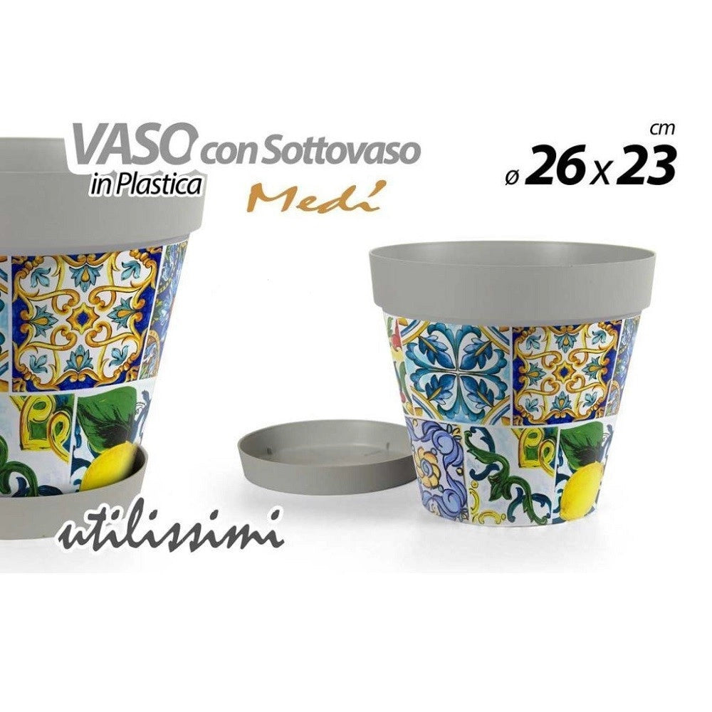 Trade Shop - Vaso Con Sottovaso Giardino In Plastica Decoro Medì 26x23 Cm Piante Fiori 845413 -