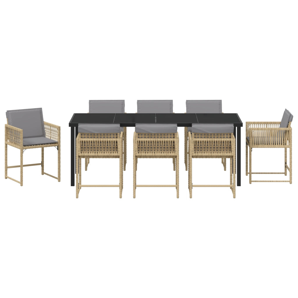 Set da Pranzo da Giardino da 9 Pezzi con Cuscini Beige Polyrattan