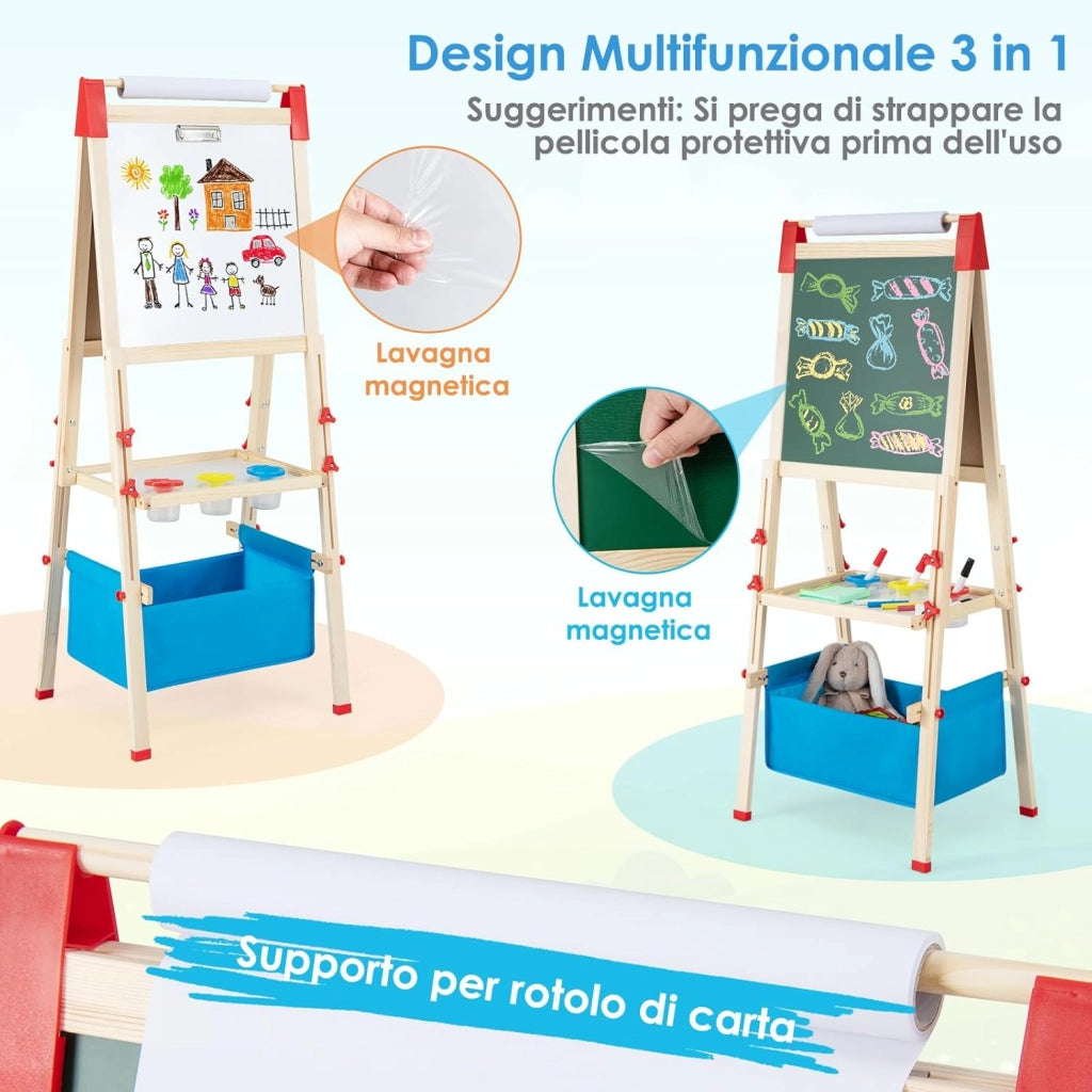 Cavalletto per Bambini Regolabile in Altezza in Legno, Cavalletto a Doppio Lato con Lavagna Magnetica e Bianca, con Scatola, Magneti con Lettere e Numeri, per Bambini 3-8 Anni