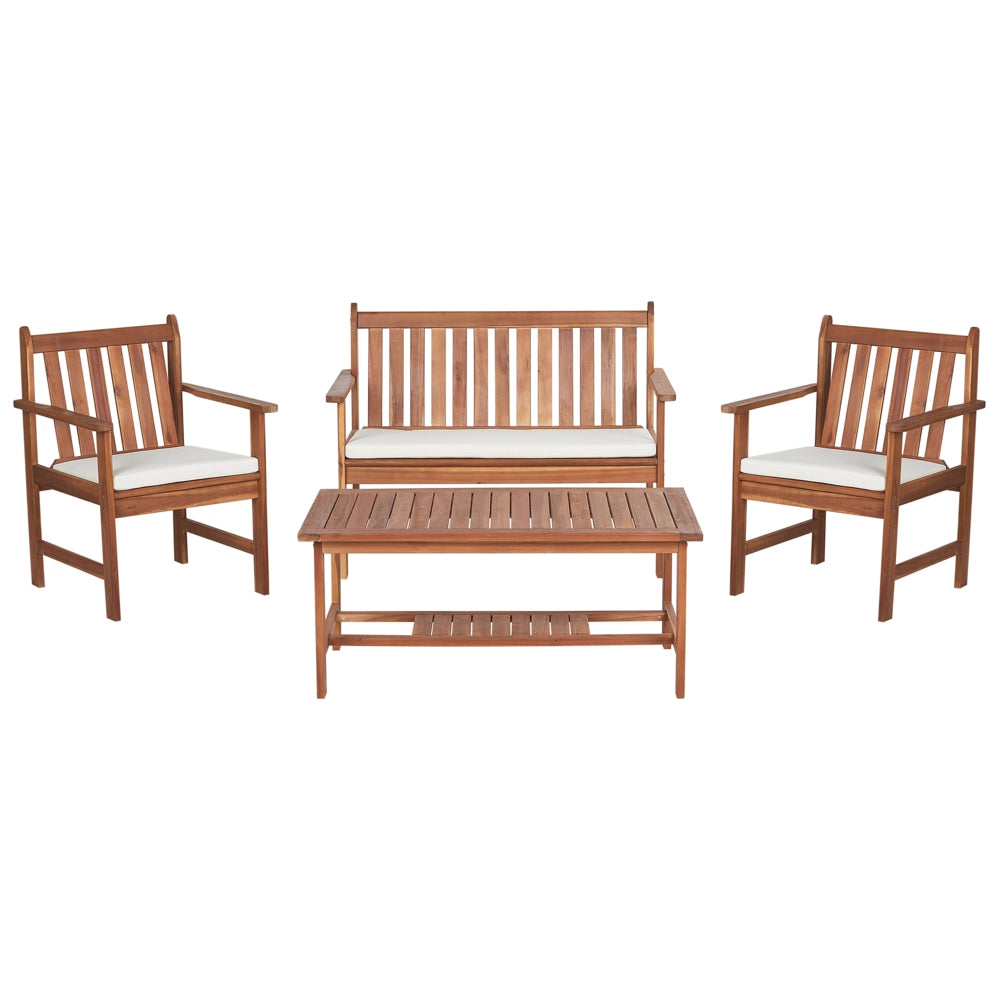 Set di divani da giardino in legno di acacia chiaro Cuscini bianchi Divano a 4 posti 2 poltrone con tavolo Set da conversazione per esterni