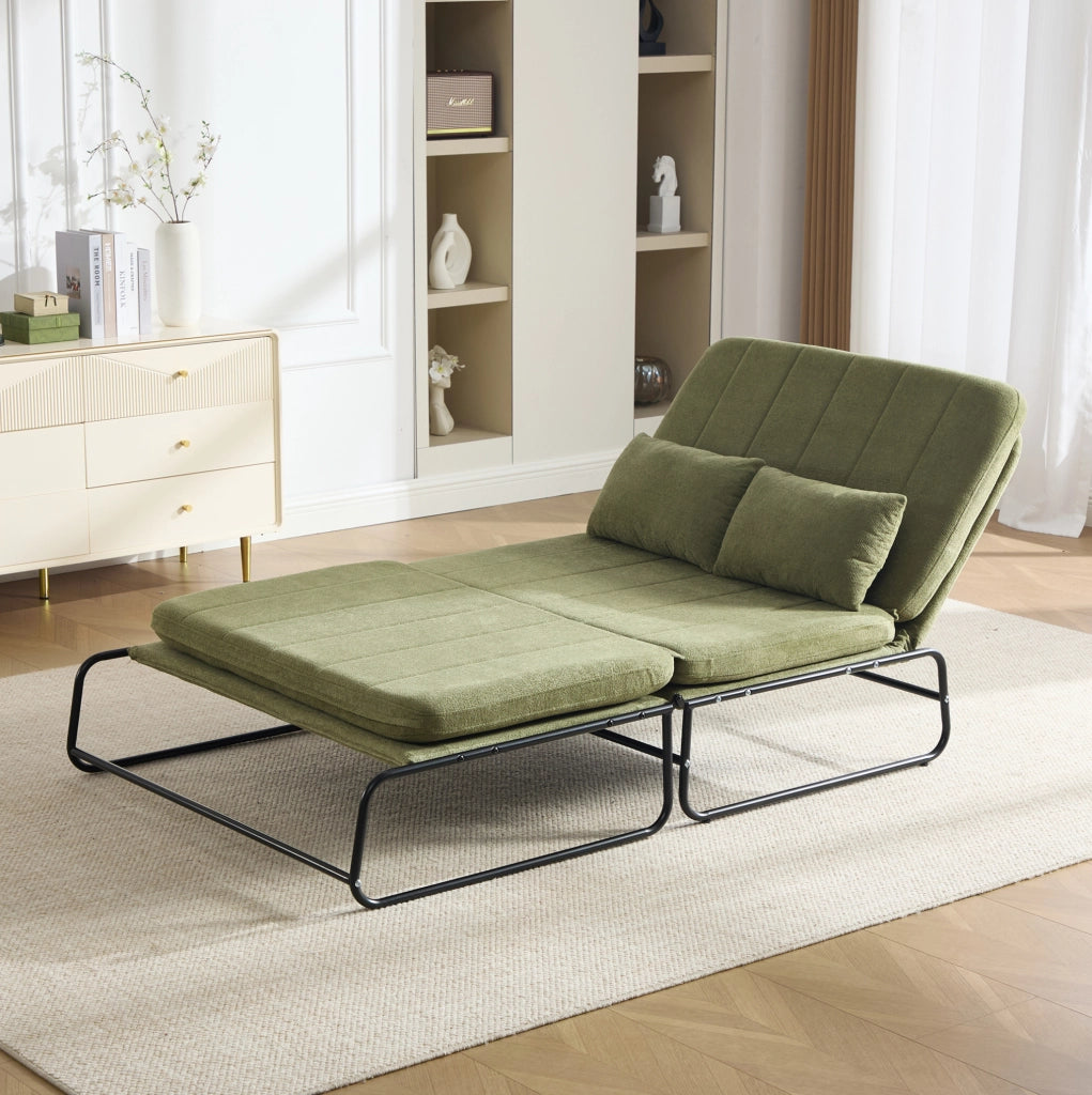Divano letto a 2 posti convertibile in chenille verde oliva con struttura in metallo; 104x85x92 cm