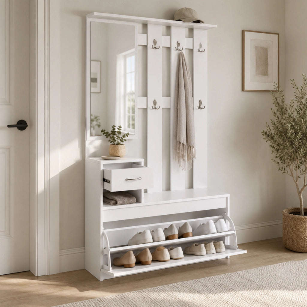 Mobile Ingresso Attaccapanni Con Scarpiera E Specchio Salvaspazio Per Entratina 97 x 35 x 25 cm Bianco