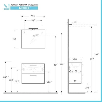 Mobile bagno sospeso 80 rovere africa con lavabo e specchio  Miami