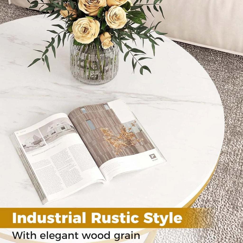 Tavolino rotondo a 2 ripiani, 80 x 80 x 45 cm, tavolo da soggiorno con effetto legno e struttura in metallo, elegante comodino per camera da letto, ufficio (bianco)