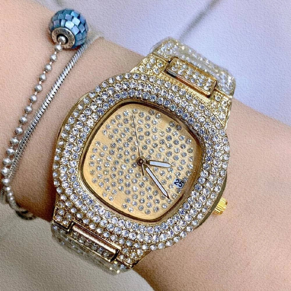 Trade Shop - Orologio Polso Zcc Donna Quarzo Acciaio Analogico Moda Brillantinato Data Dorato -