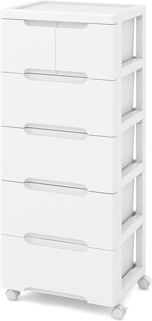 Carrello di Stoccaggio con Ruote, Cassettiera Verticale con Cassetti, Armadietto Contenitore di Stoccaggio, Organizzatore di Plastica per Casa Ufficio (5 cassetti)