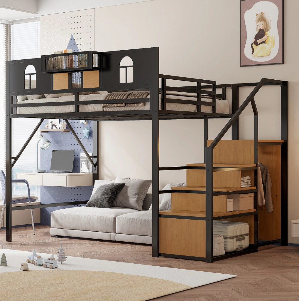 Letto a soppalco in metallo 140x200 cm con scala contenitore