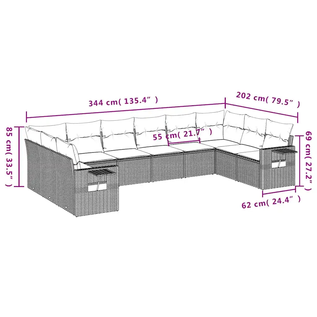 Set Divano Giardino 10 pz con Cuscini Grigio Chiaro Polyrattan