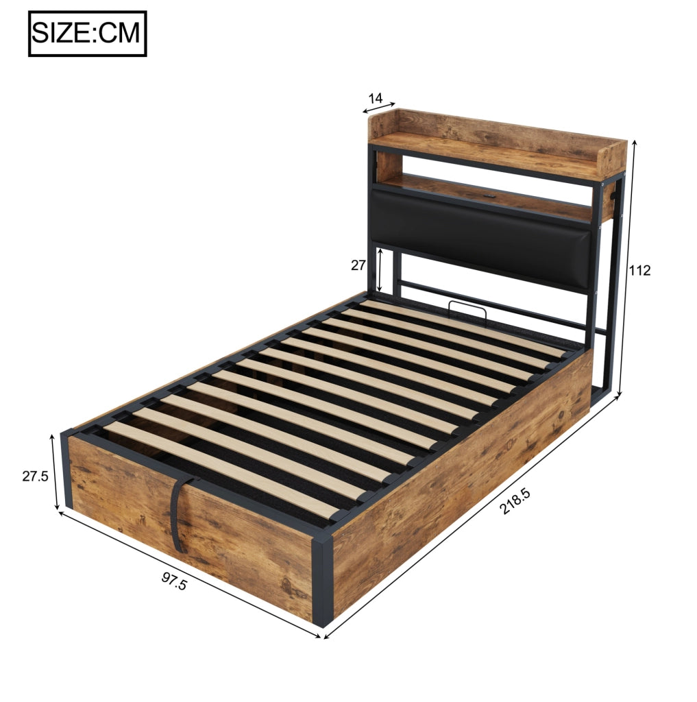 Letto singolo 90x200 cm con contenitore; meccanismo idraulico; USB; nero