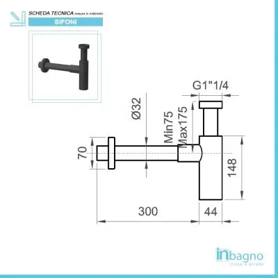 Sifone Nero Opaco per Lavabo Installazione Universale Modello Canna Tonda