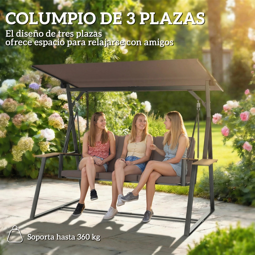 Dondolo da Giardino 3 Posti con Tetto Regolabile ¨C Xylo ¨C Marrone con Cuscini e Vassoi