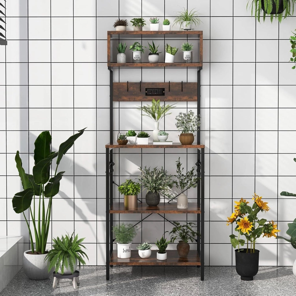 Scaffale da cucina con stazione di ricarica, scaffale per microonde con ripiani aperti e 10 ganci per appenderla, industriale con telaio in acciaio, per cucina, sala da pranzo, 60 x 42 x 153