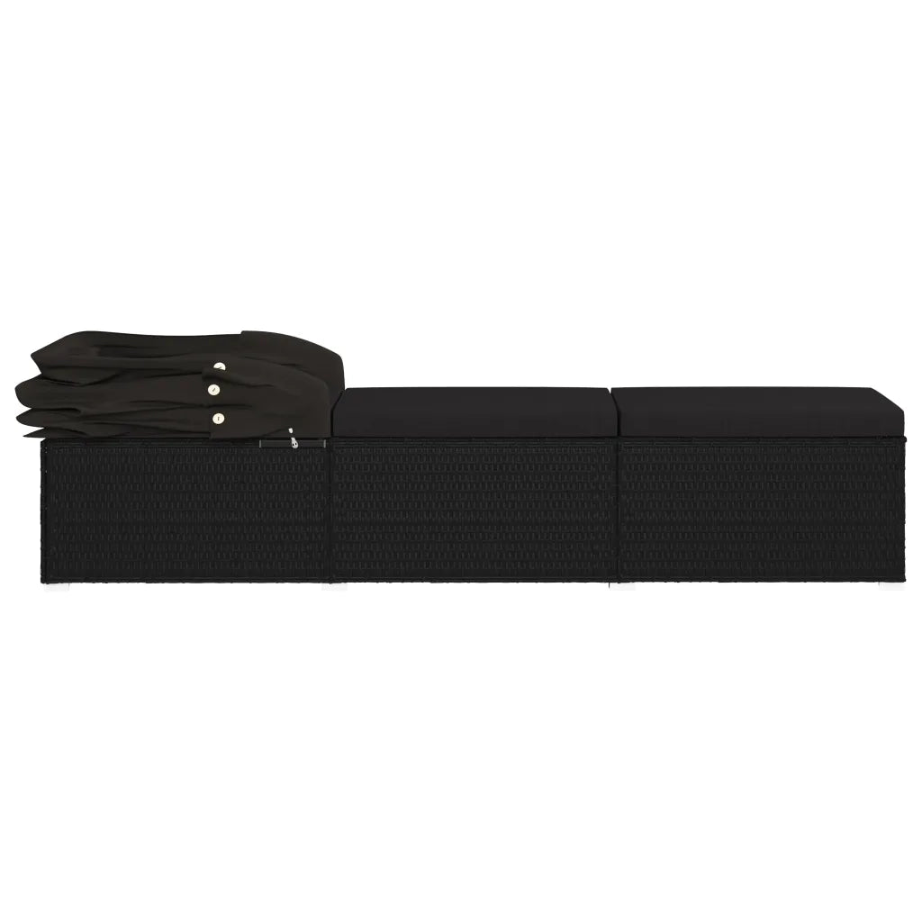 Lettino Prendisole con Tettuccio e Cuscino in Polyrattan Nero 46249