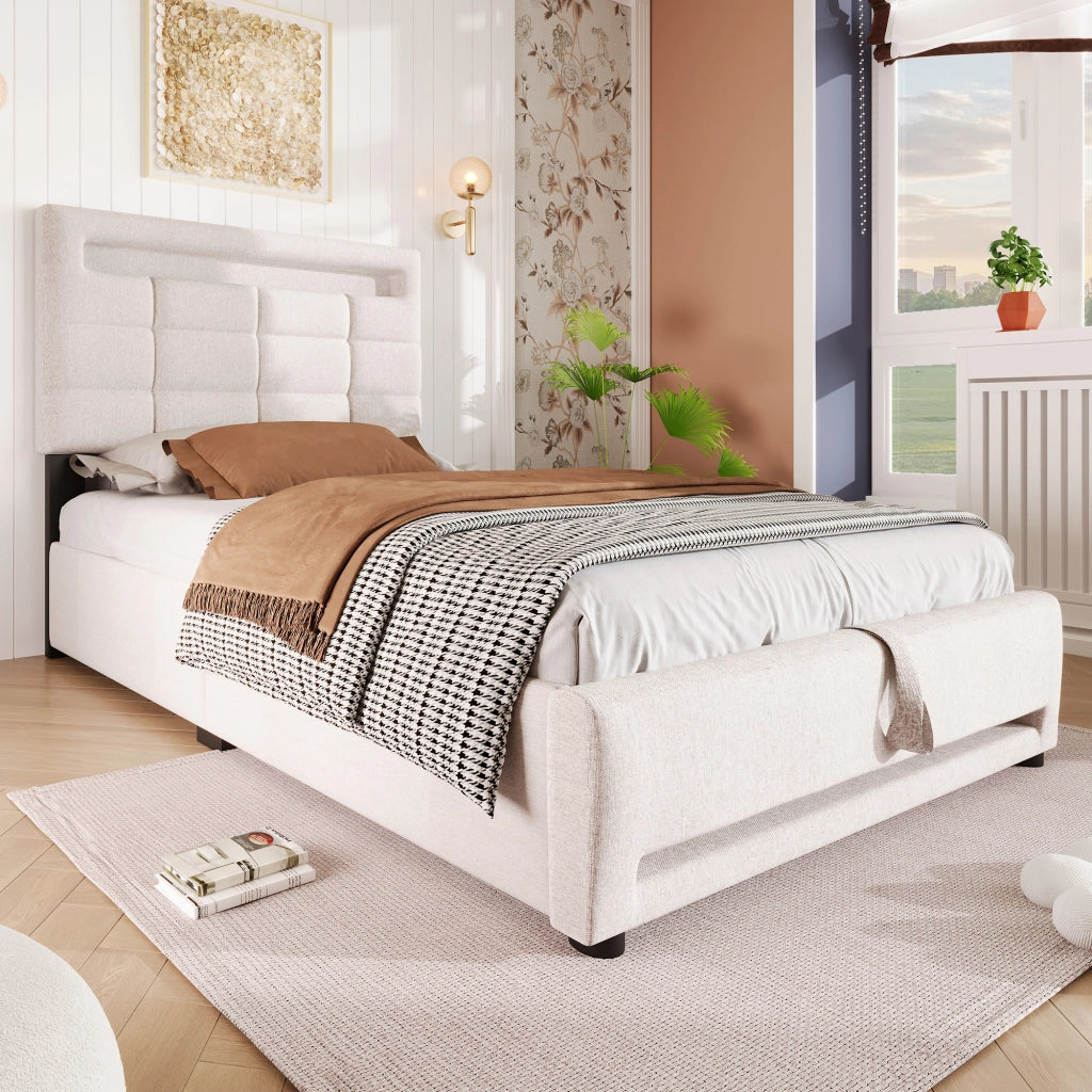 OKWISH Letto Singolo 90×200 cm con Contenitore, LED 16 Colori, USB e Controllo tramite App, senza Materasso, in Lino, Beige