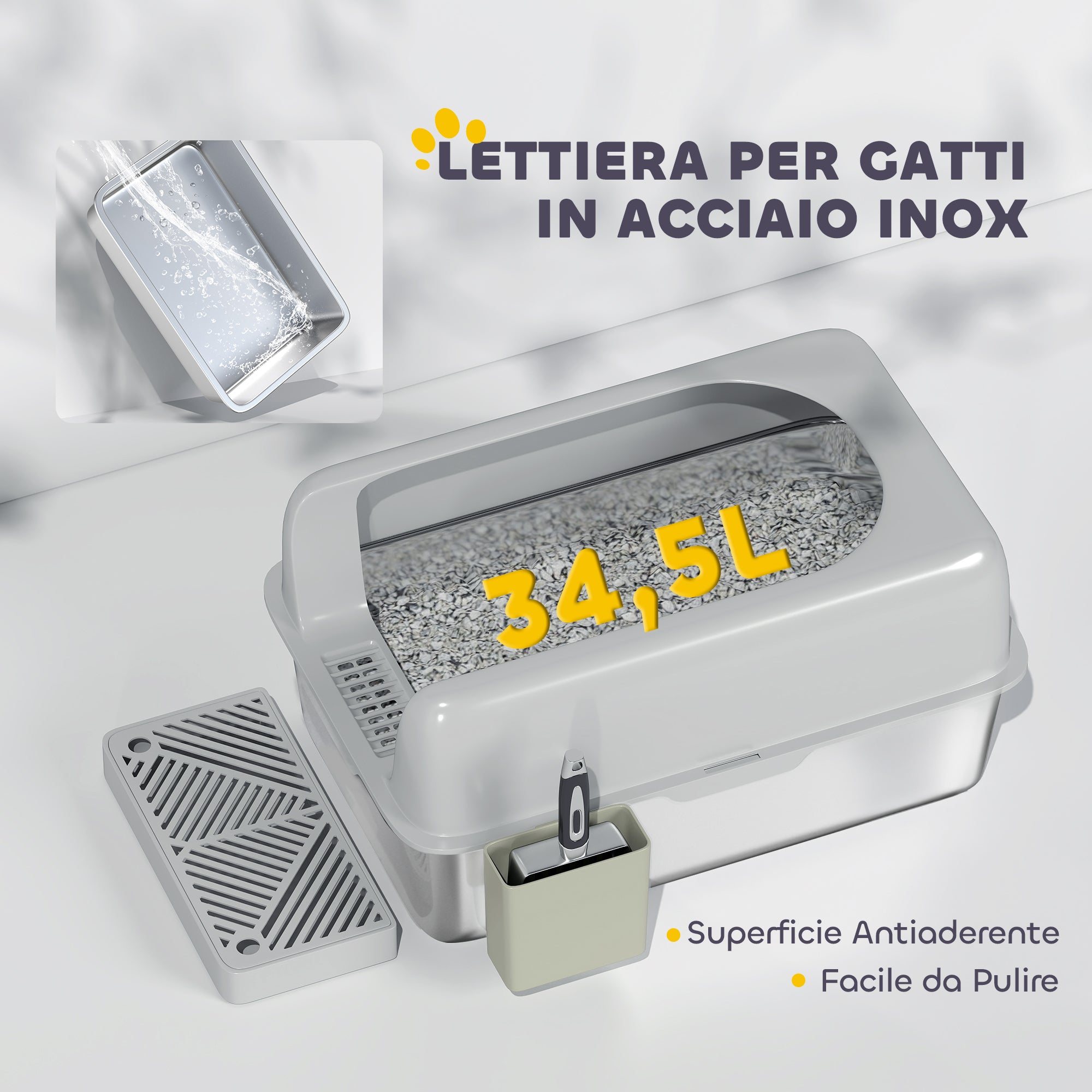 Lettiera per Gatti con Gradino 60,2x40,6x29 cm in Acciaio Inox e ABS Grigio Chiaro
