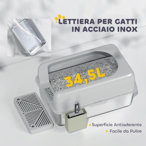 Lettiera per Gatti con Gradino 60,2x40,6x29 cm in Acciaio Inox e ABS Grigio Chiaro