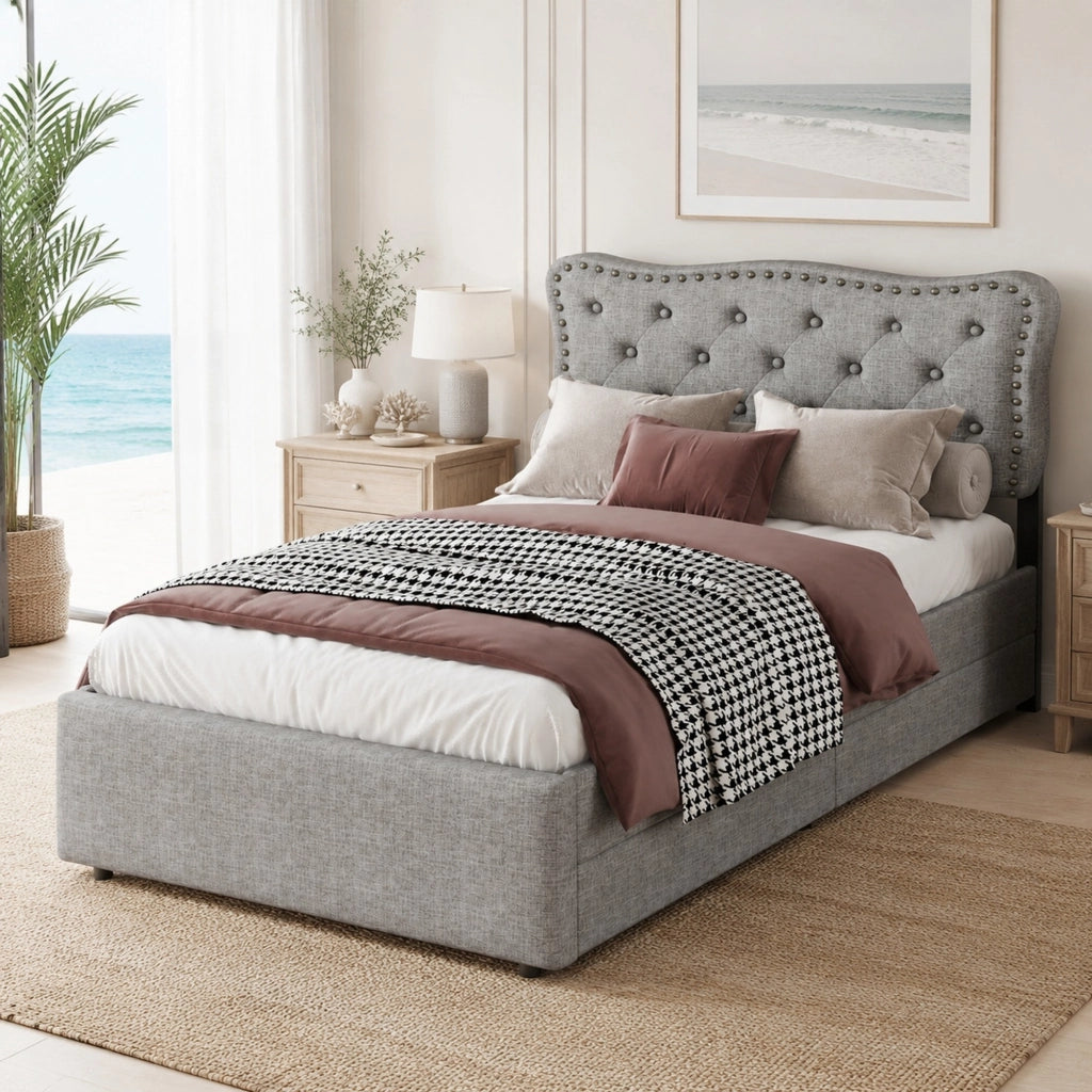 Letto imbottito 90x200 cm in MDF e tessuto in lino grigio con 2 cassetti e borchie decorative