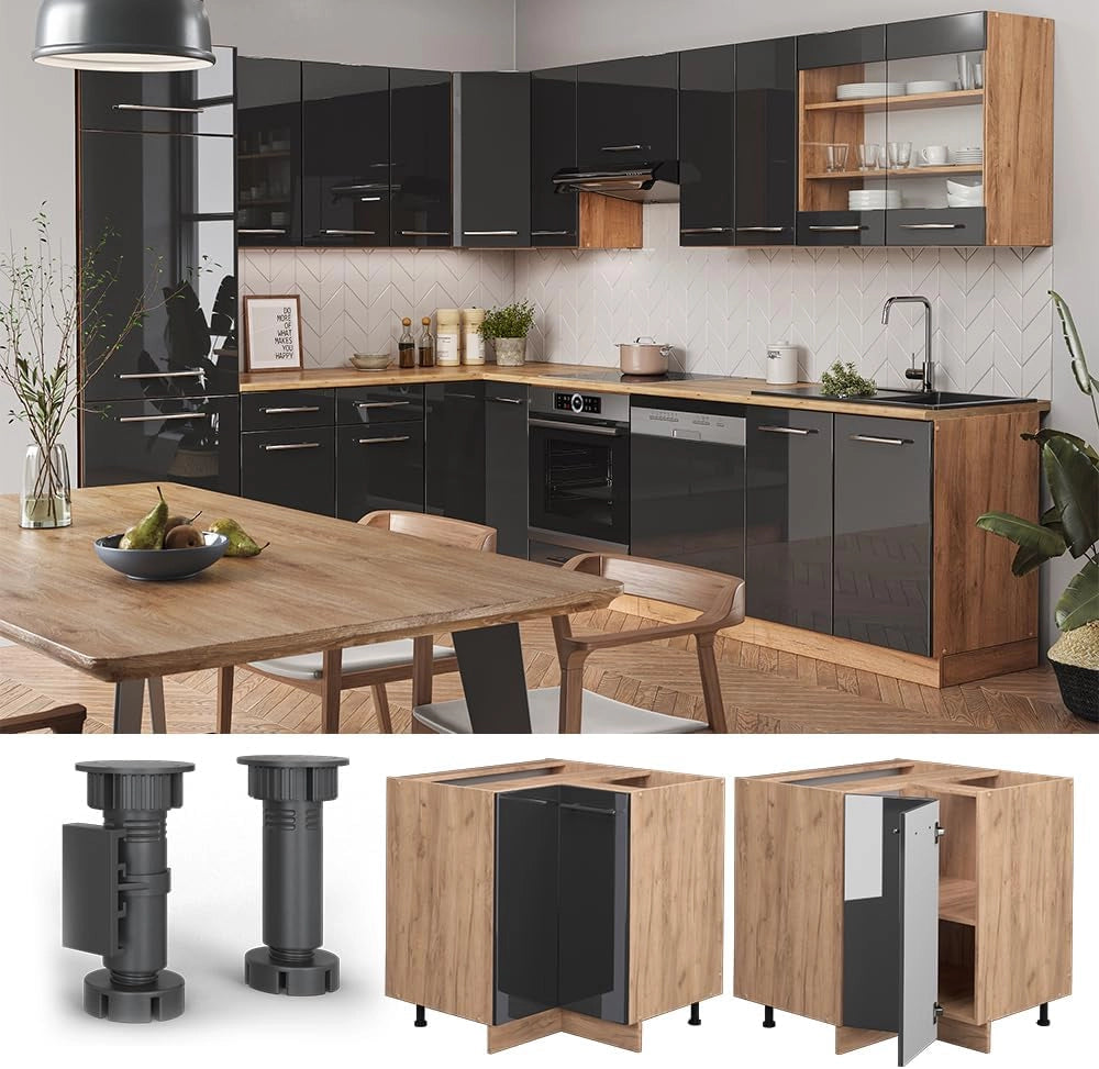 Mobile ad angolo cucina Fame-Line, Antracite lucido, 80.5 cm, PL Rovere, per la combinazione con altri moduli della serie Fame-Line