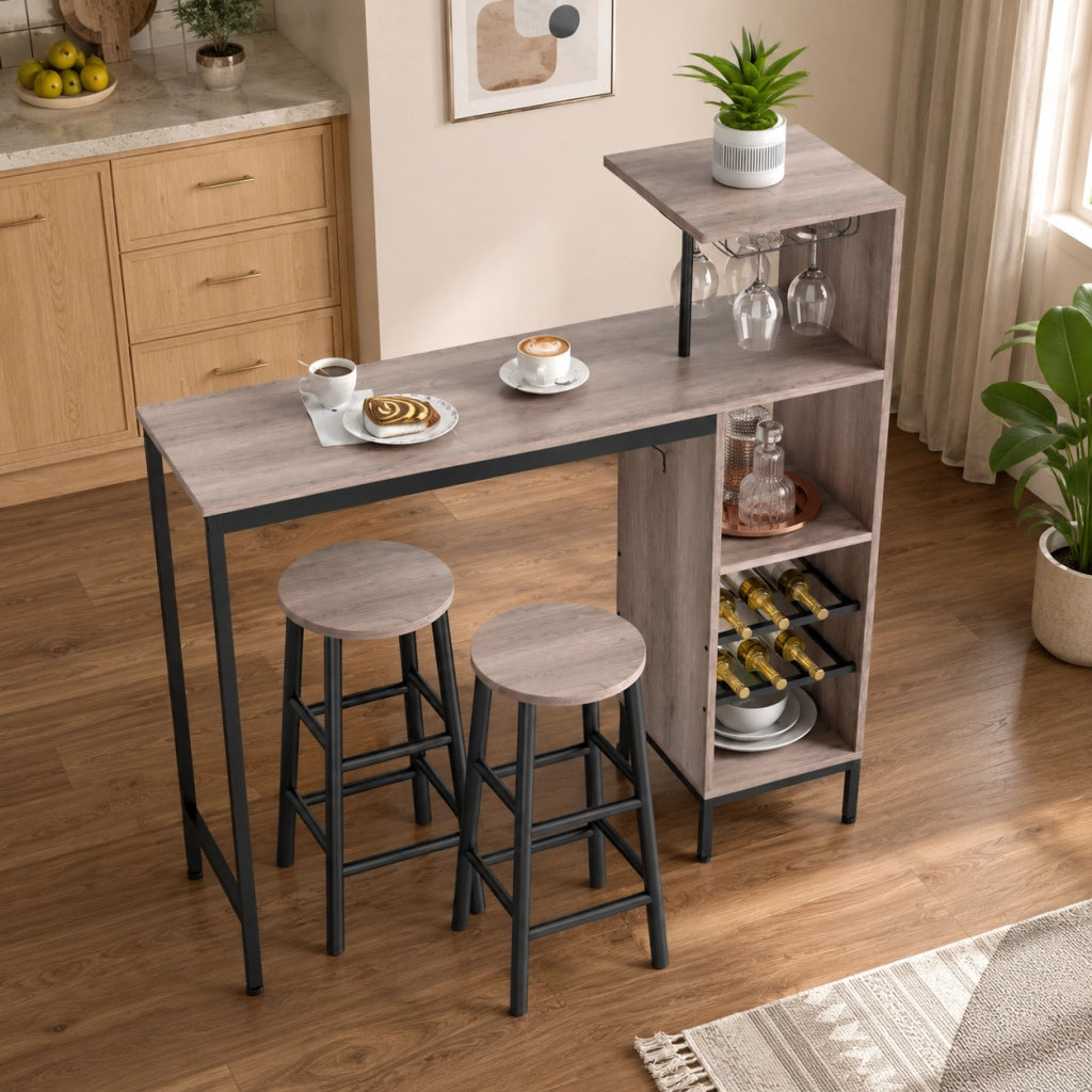 Set tavolo bar 3 pezzi 121.5x40x122 cm con portabottiglie e portabicchieri in MDF grigio