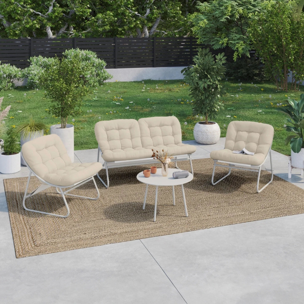 IDMarket - Set di mobili da giardino basso ARONA a 4 posti in metallo bianco e cuscini beige con divano, poltrone e tavolo