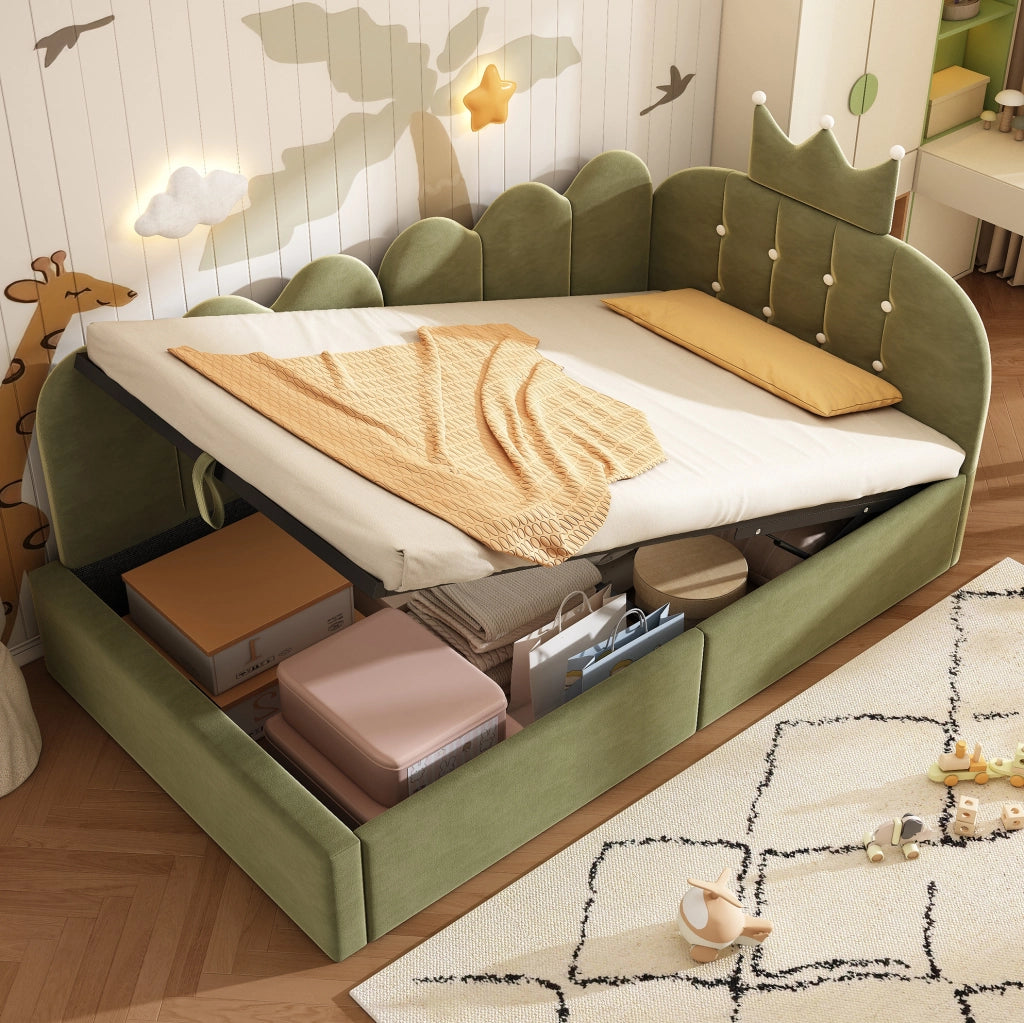 Letto a giorno imbottito con contenitore, velluto verde, 90 x 200 cm