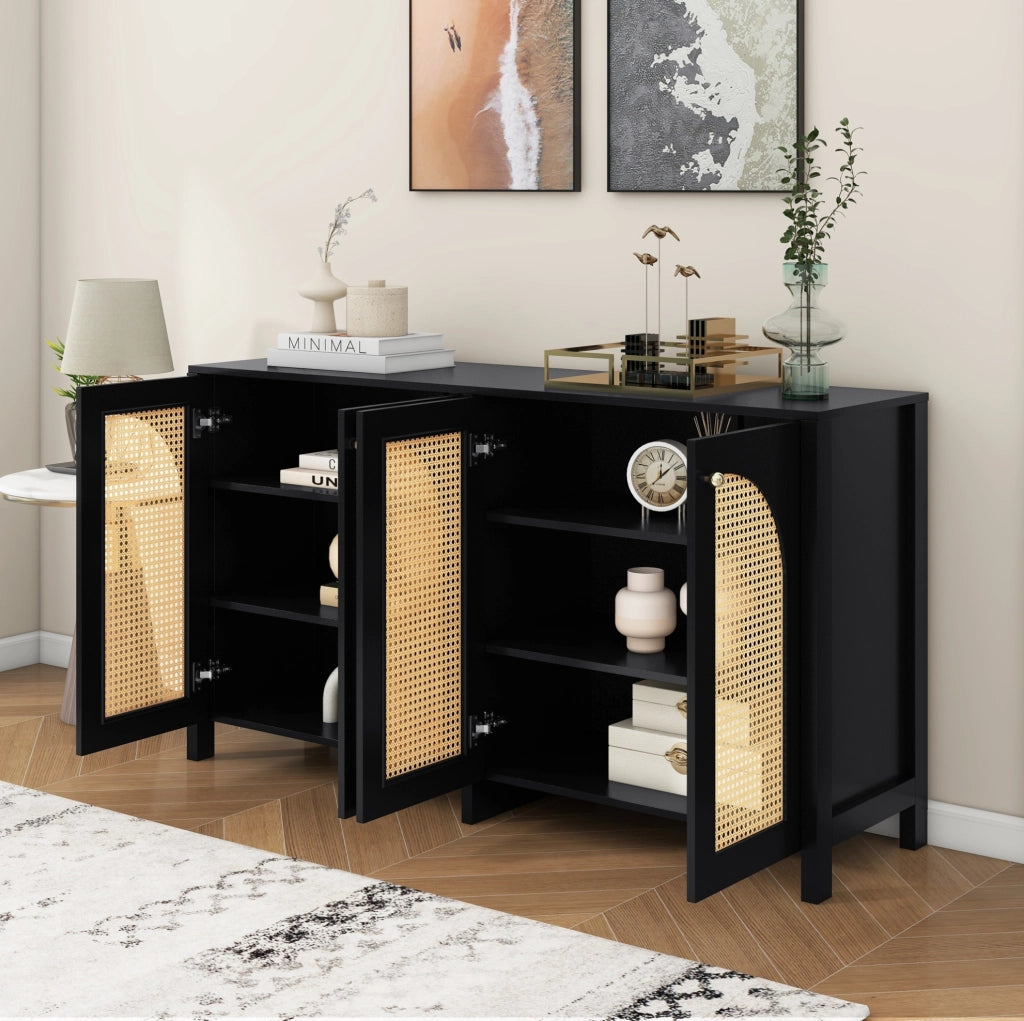Credenza a 4 ante in MDF e rattan PE; nera