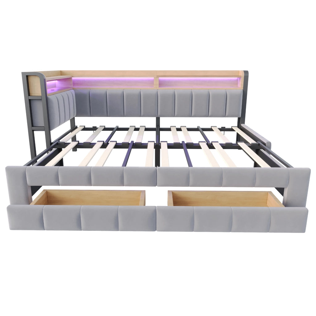 Letto Contenitore Letto Matrimoniale 90x200 cm - LED; USB; Type-C in Velluto Grigio Chiaro