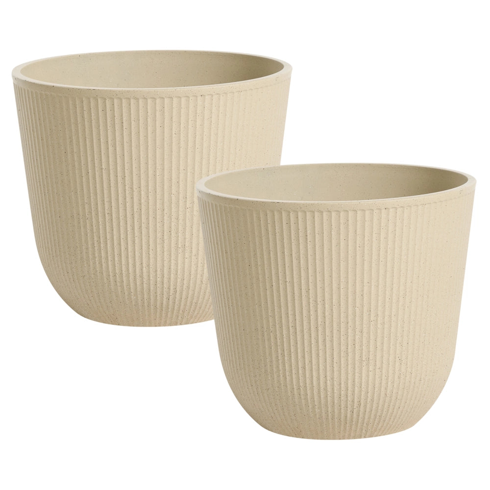 Set di 2 vasi da giardino grandi in materiale sintetico con effetto a coste per terrazzo, colore beige