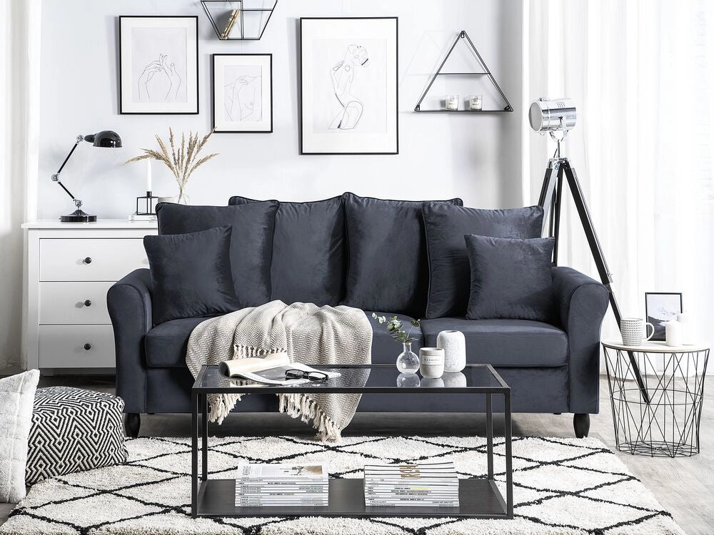 Divano in velluto color grigio e legno massello 3 posti cuscini aggiuntivi moderno tradizionale soggiorno