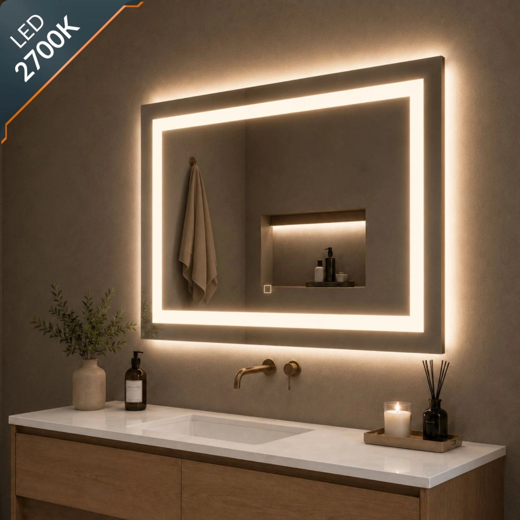 Specchio da bagno rettangolare led con interruttore touch e cornice in alluminio *** misure 100x80 cm, tonalità dimm...