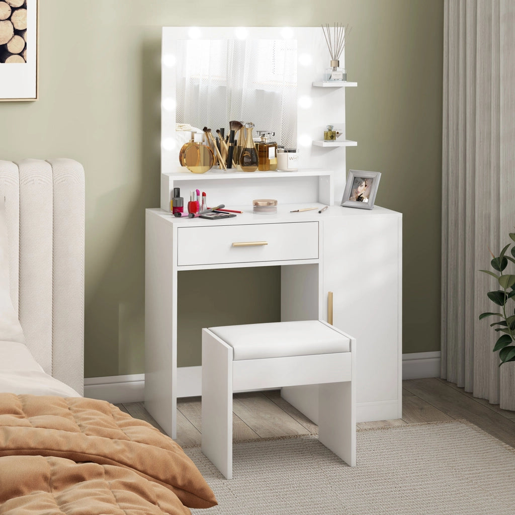 Cassettiera da trucco con specchio LED e sgabello ¨C zephmum ¨C bianco 60x40x