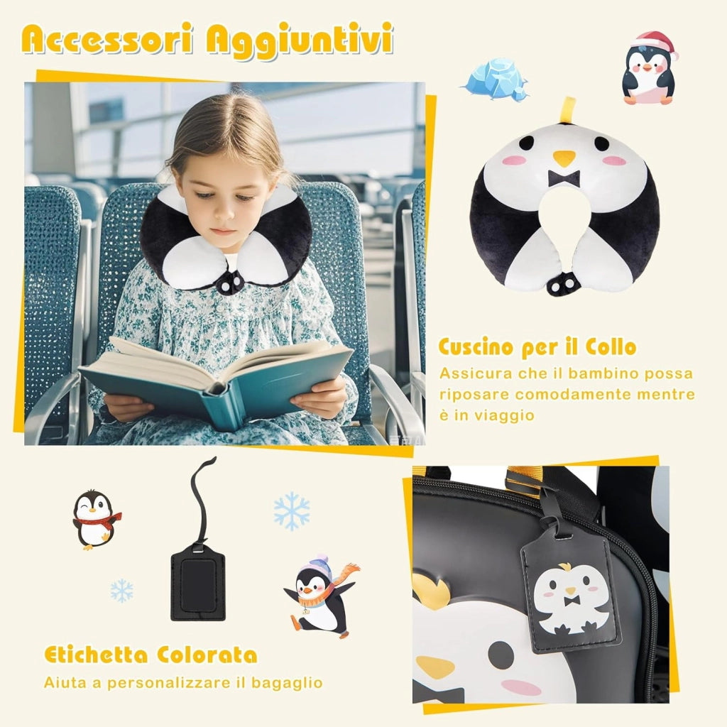 Set di Valiglie per Bambini, Set da 4 Pezzi con Trolley, Zaino, Cuscino per Collo ed Etichetta per Bagaglio, Valigia a Mano da Viaggio con Ruote Universale e Maniglia Regolabile (Pinguino)