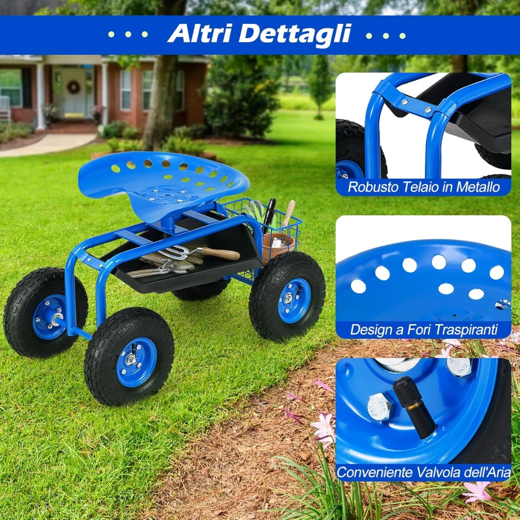 Sgabello da Giardino, Sgabello per Giardinaggio con Ruote, Sedile Regolabile in Altezza e Girevole a 360°, Cestello e Vassoio, Carrello per Prato e Giardino, Portata 150 kg (Blu)