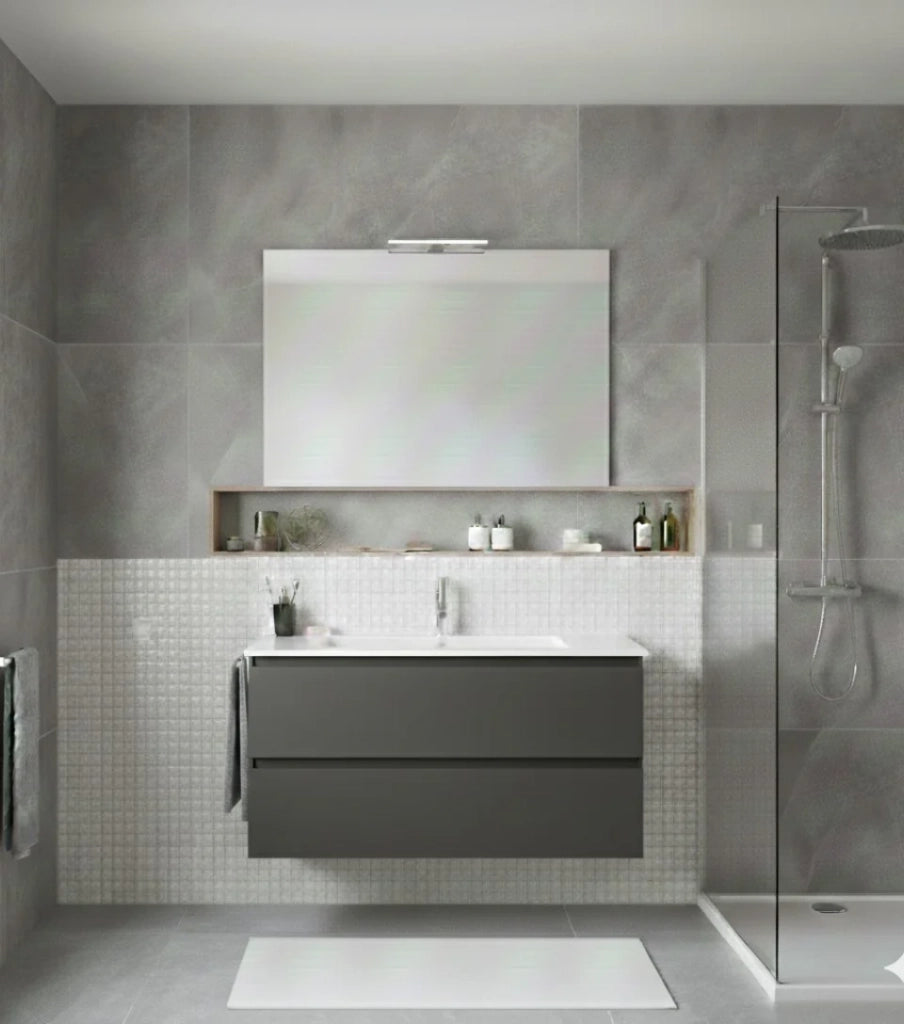 Mobile Bagno LOKI Già Montato 2 cassetti con piedini, lavabo e specchio Grafite 120x45 cm doppio lavabo