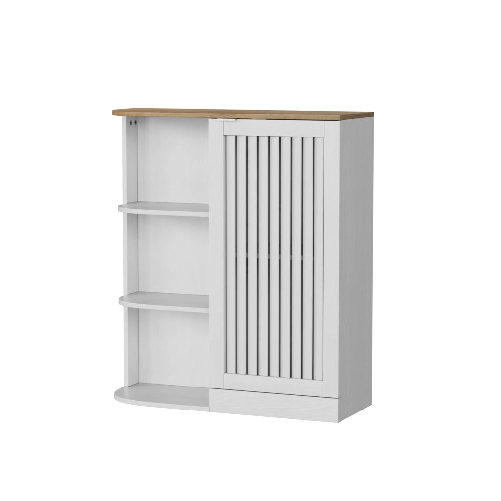 Mobile angolare salvaspazio con ripiani aperti e vani chiusi, bianco effetto rovere, in MDF