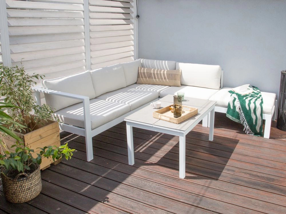 Set di copricuscini da giardino per divano angolare idrorepellente UV bianco sporco elegante con zip
