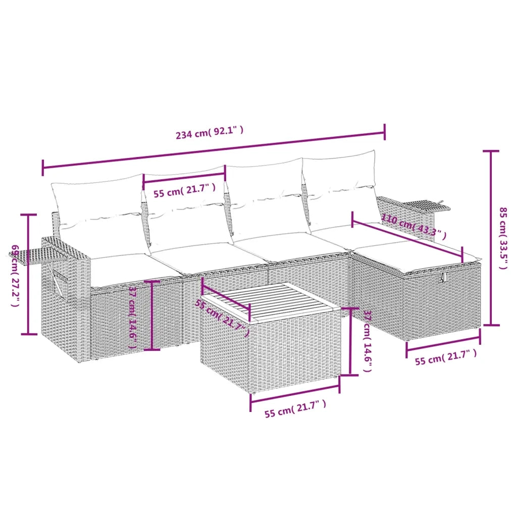 Set Divano da Giardino 6 pz con Cuscini Nero in Polyrattan 3264940