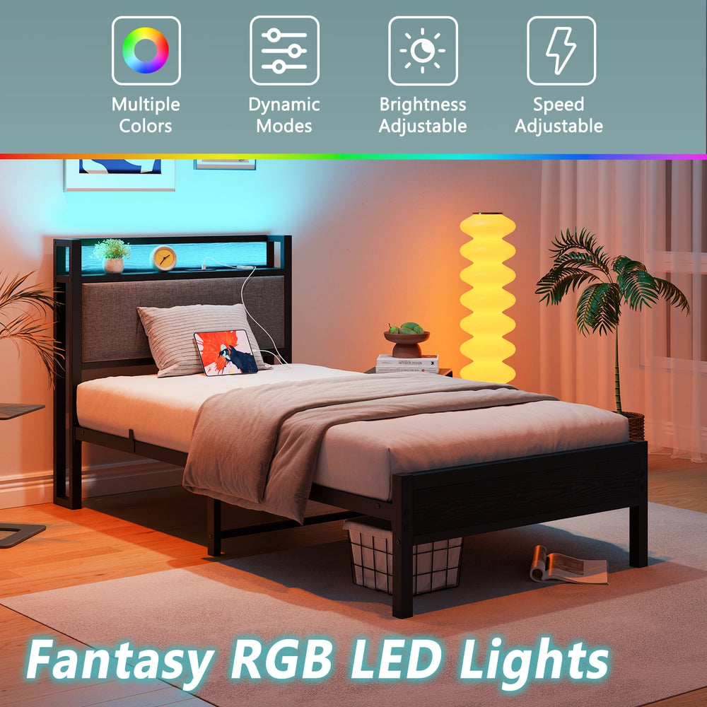 Letto Singolo con LED e USB ¨C MINIMAL ¨C Struttura Metallo, Rete a Doghe, 90x200