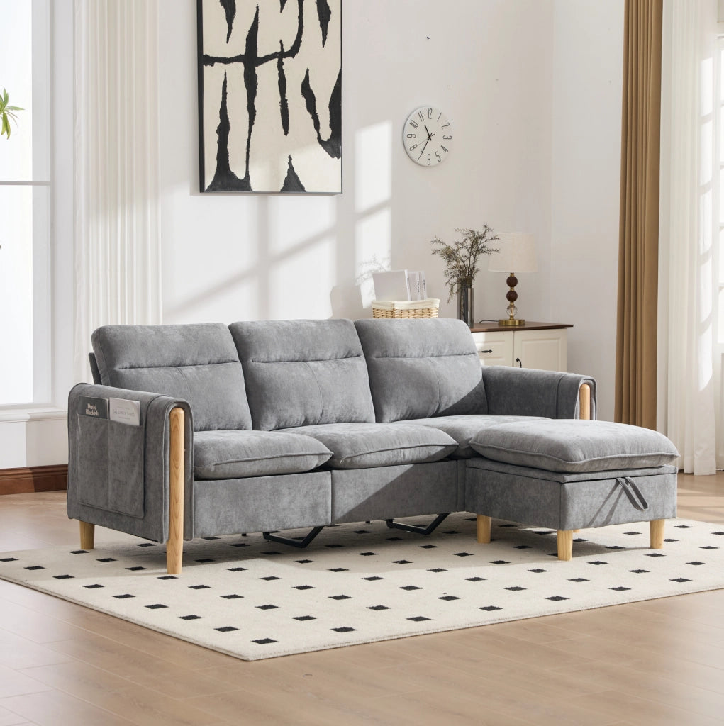 Divano angolare modulare a 3 posti con pouf contenitore; 201x77x86 cm; chenille grigio chiaro