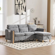 Divano angolare modulare a 3 posti con pouf contenitore; 201x77x86 cm; chenille grigio chiaro