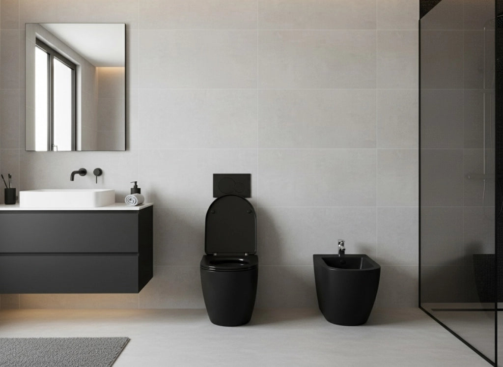 Sanitari a Terra Filo Muro Wc Bidet Copriwater Sof Close Nero Bent Rimles