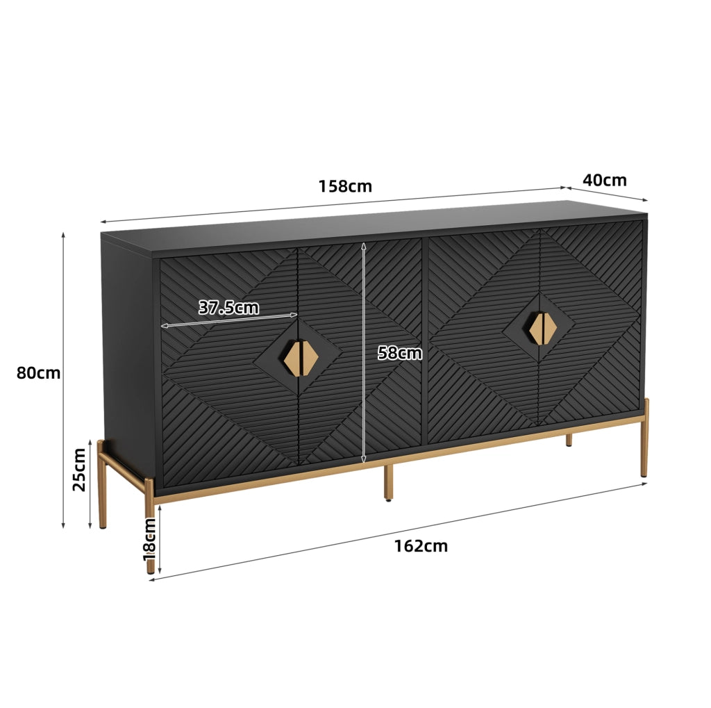 Sideboard nero con 4 ante geometriche 162x40x80 cm