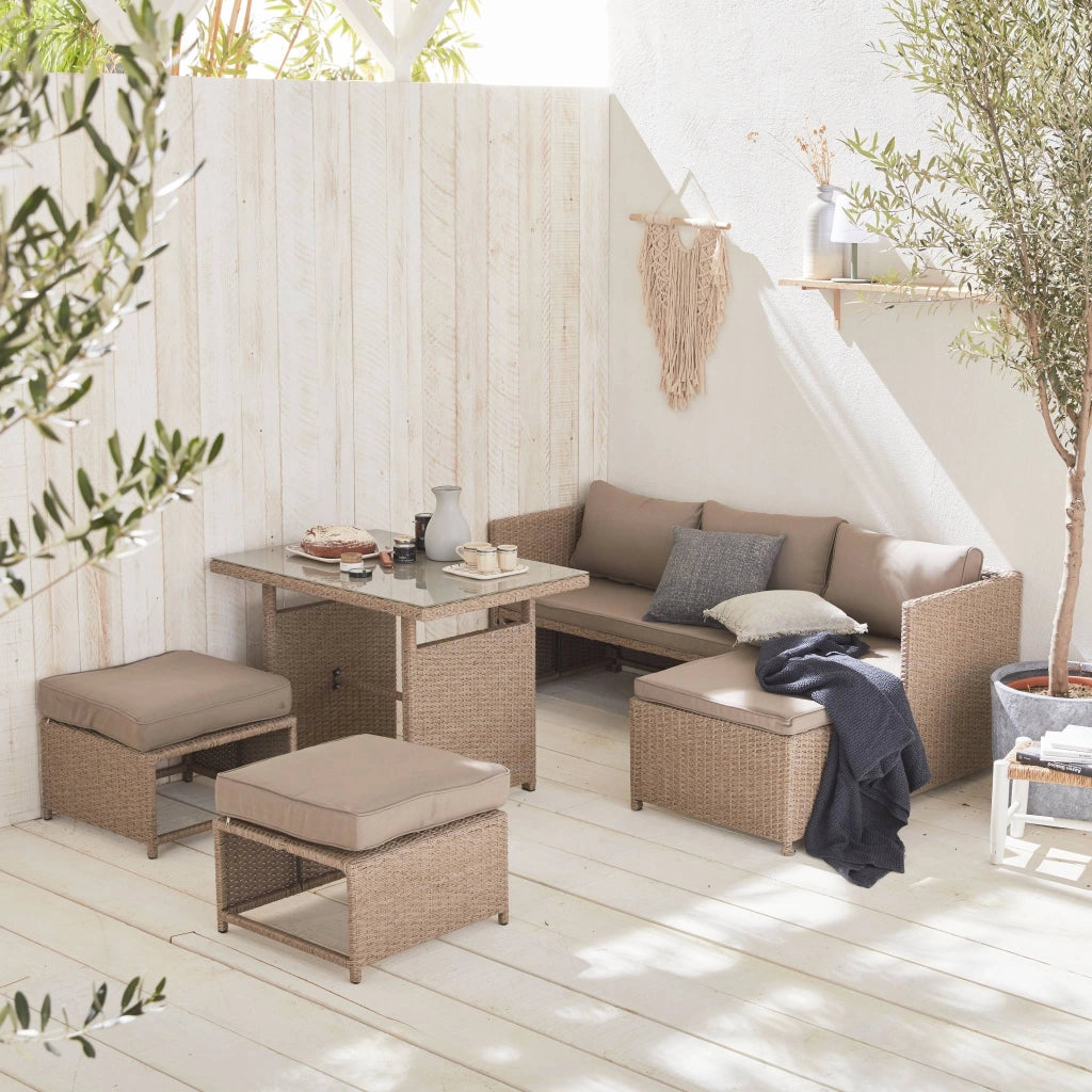 Set tavolo da giardino con pouf a incasso con 6 posti, marrone