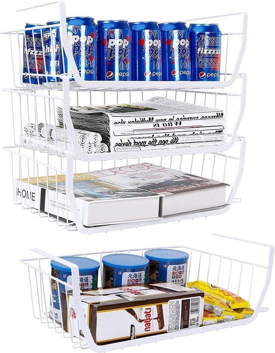 Set di 4 contenitori di metallo per la conservazione - Organizzatore di stoccaggio per la cucina e la bagno - Contenitori per la conservazione in metallo - Bianco.
