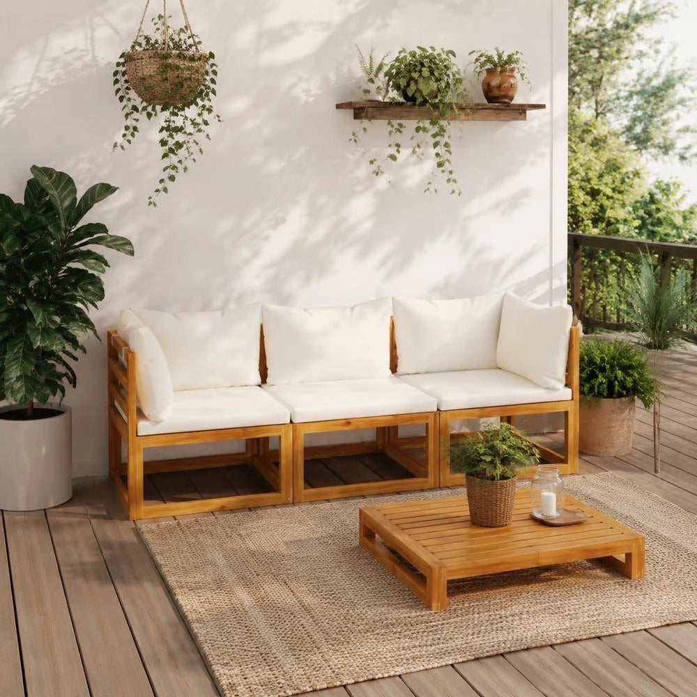 3-seater Garden Sofa With Cream Cushion, Solid Acacia Wood