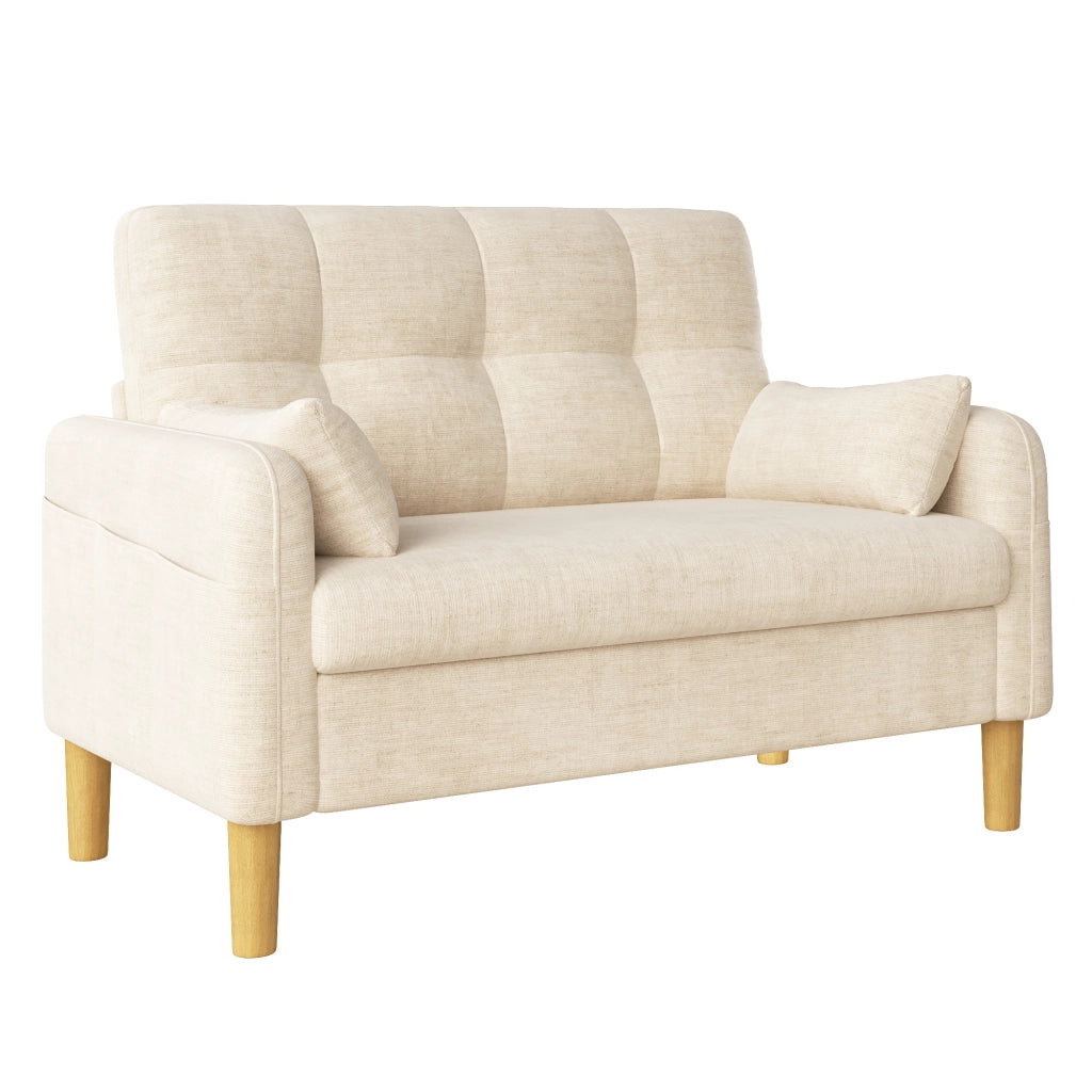 Divano moderno a due posti con cuscini spessi e morbidi, 2 cuscini decorativi e una tasca laterale portaoggetti, ideale per soggiorni, camere da letto