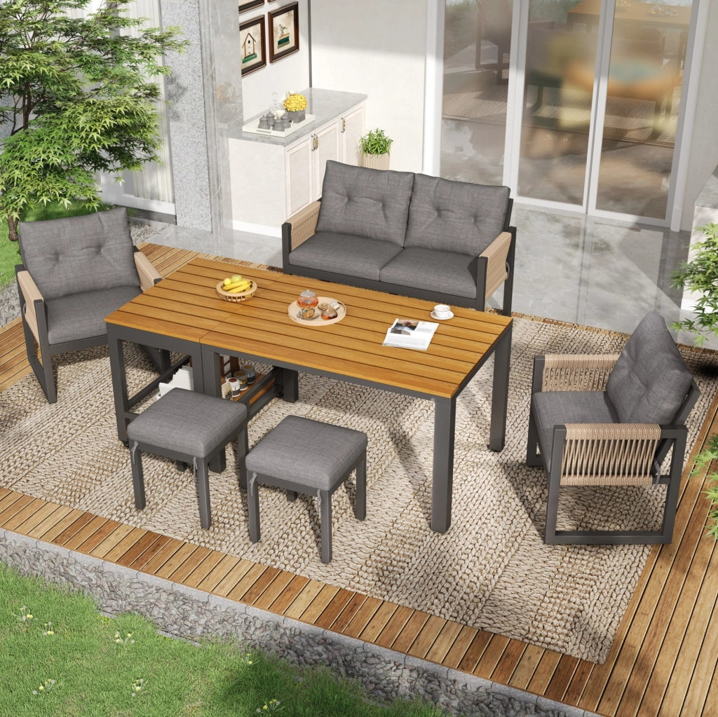 Set da giardino moderno con tavolo removibile; 2 posti; 2 poltrone e 2 pouf; grigio e naturale