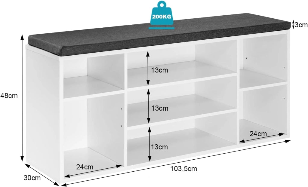 Panca Scarpiera da Ingresso, Scaffale Porta Scarpe a 7 Scomparti con Seduta Imbottita, Mobile da Ingresso Salvaspazio in Legno, Bianco e Grigio, 103,5x30x48 cm