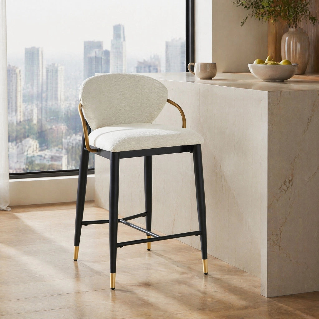 Sgabello da Bar Regolabile con Schienale, Poggiapiedi e Piedini Regolabili, in Tessuto Beige, Nero e Oro